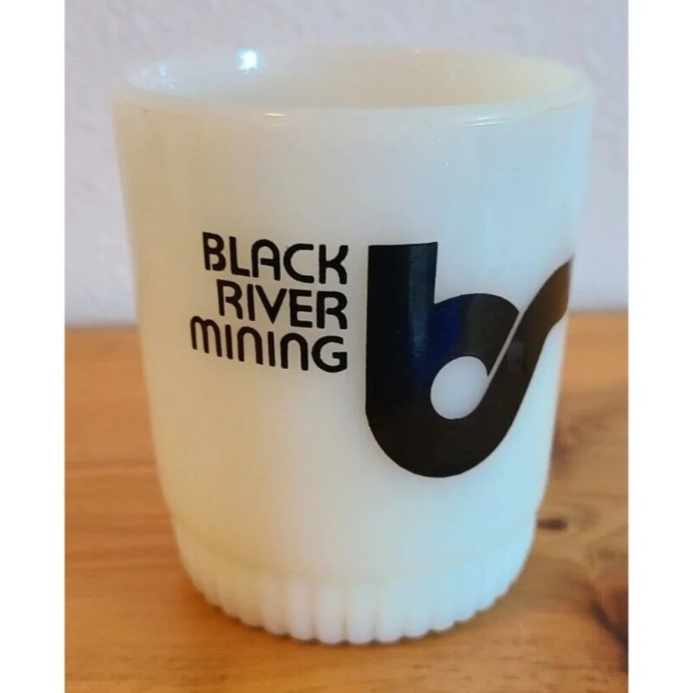 Vintage Anchor Hocking Fire King Milk Glass Advertisement Mug Black River Mining